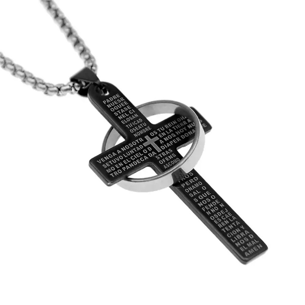 Spanish Bible Lord's Prayer Titanium Steel Cross with ring Necklace Chain
